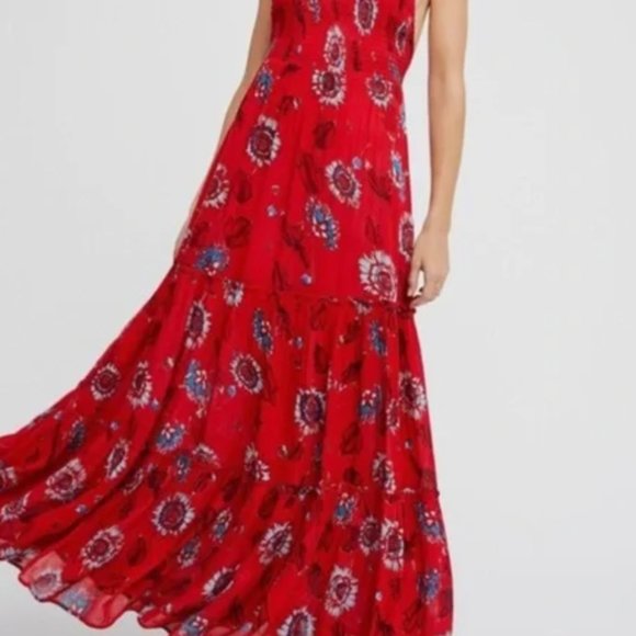 Free People Intimately Garden Party Red Floral Maxi with Tie Straps. Size S - Picture 2 of 6